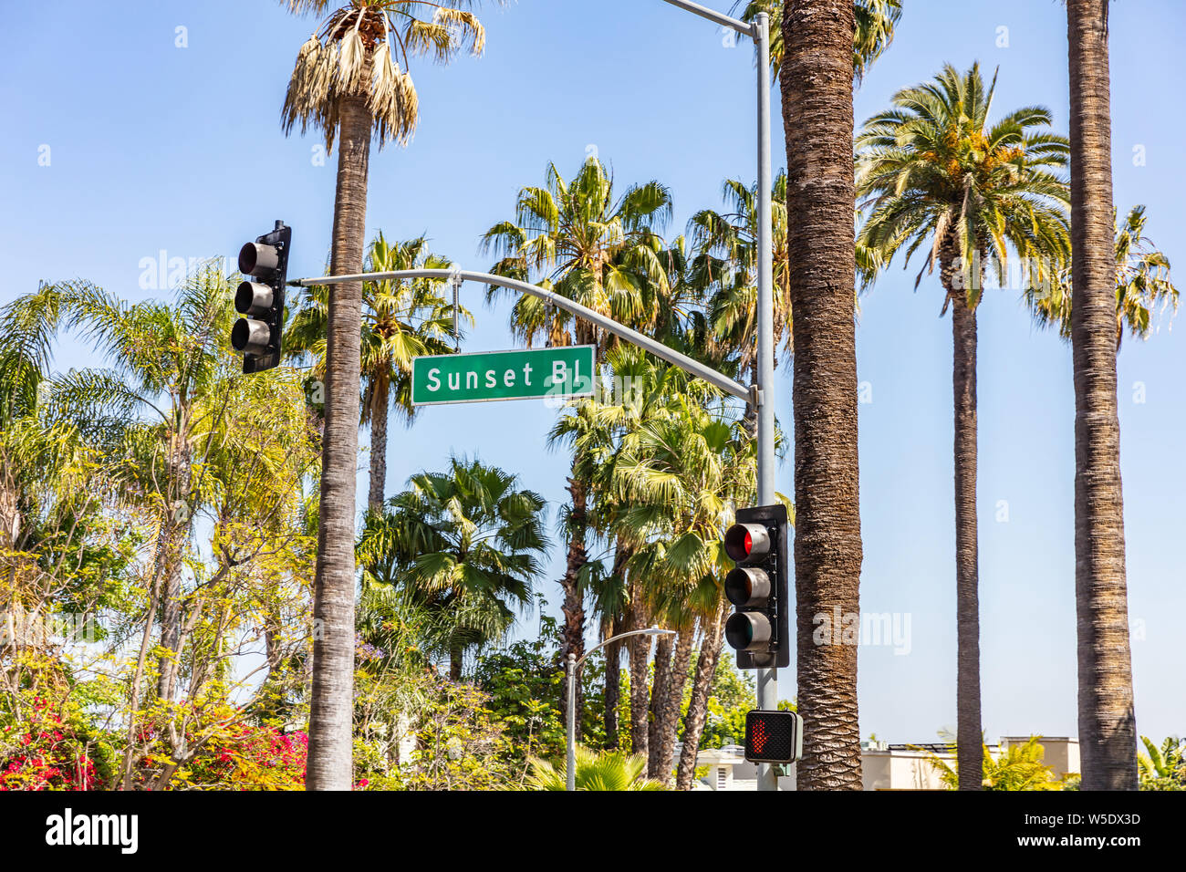 Los Angeles, Kalifornien, USA. 31. Mai 2019. Sonnenuntergang s. Text auf grünes Schild, rote Ampel, Palmen und blauer Himmel. Sonniger Frühlingstag. Stockfoto