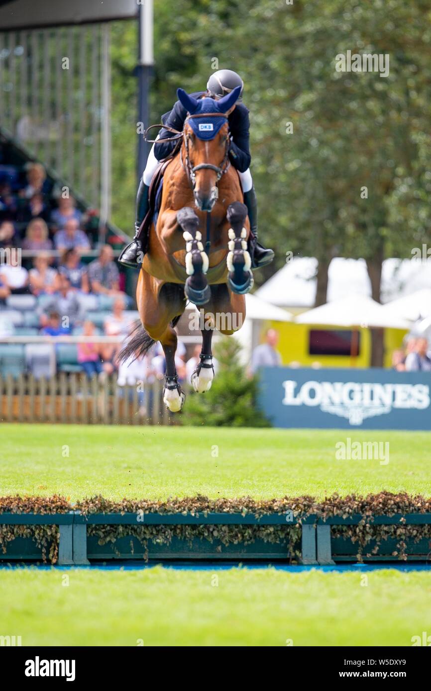 Hickstead, West Sussex, UK. 28. Juli 2019. Sieger David wird (GER) Reiten gehen Sie nie allein. Die Longines BHS King George V Gold Cup im Royal International Horse Show. Credit: Sport in Bildern/Alamy leben Nachrichten Stockfoto