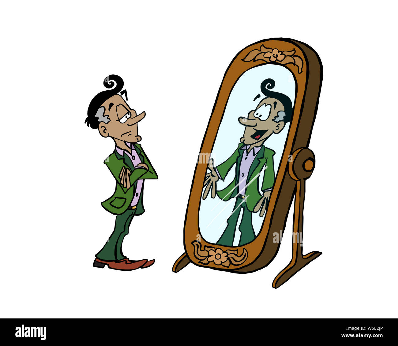 Skeptisch Mann an sich warm und glücklich in den Spiegel Stockfoto