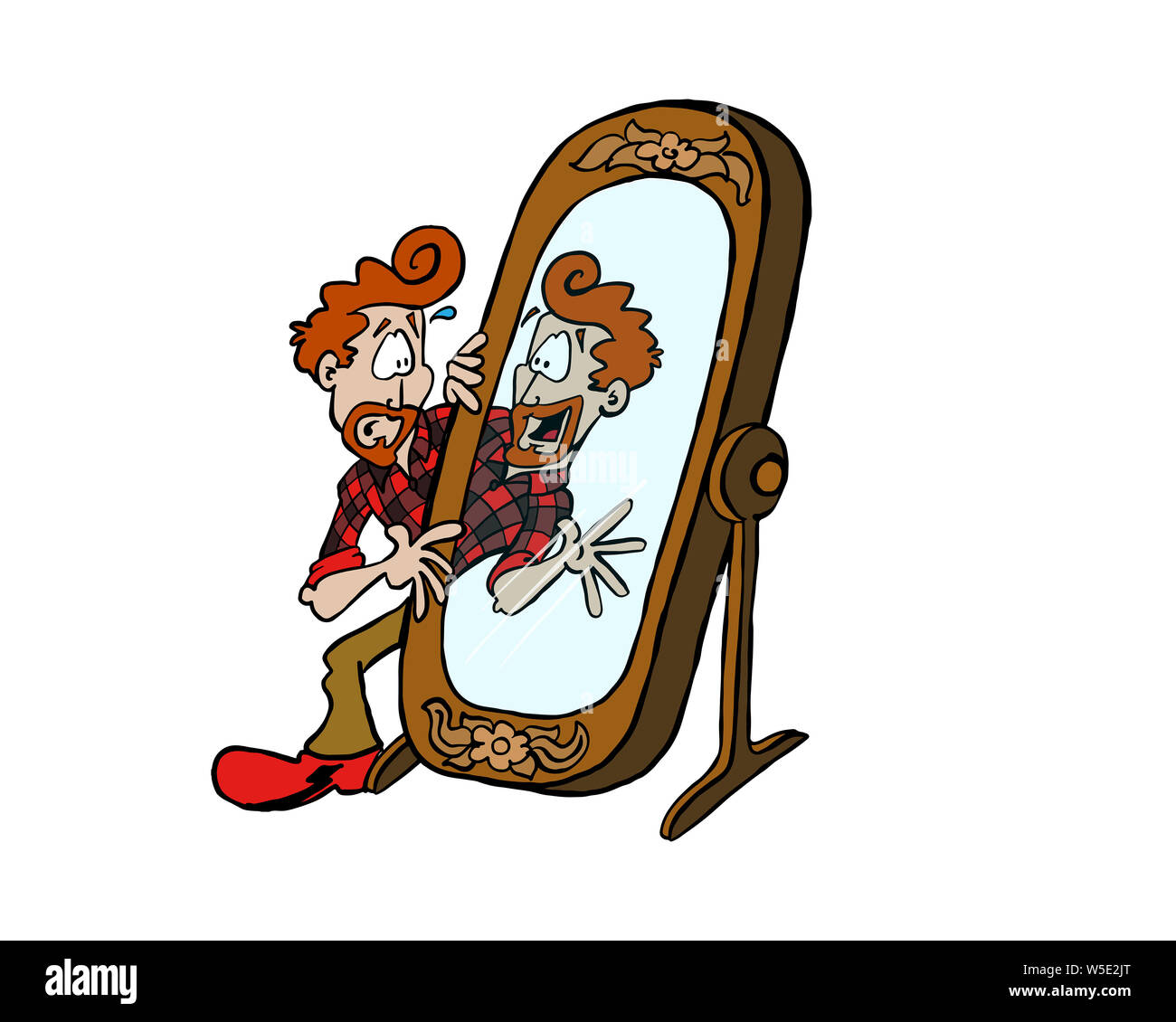 Junger Mann sich selbst entdecken in den Spiegel Stockfoto