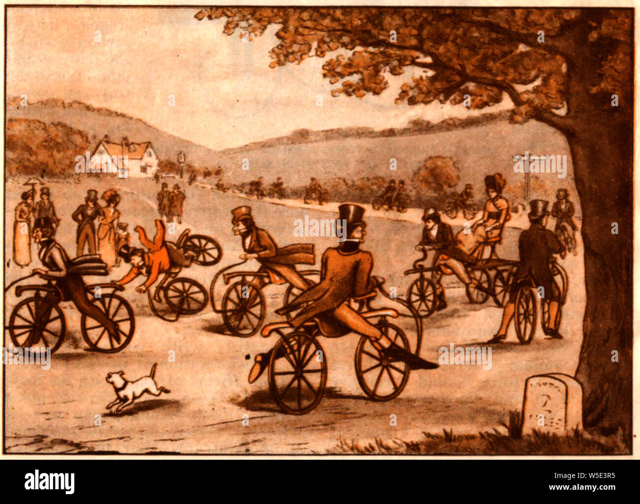 Der 1920er Darstellung der britischen männlichen und weiblichen Mitfahrer im Jahre 1820 versucht die neu erfunden (oder verbesserten) Hobby Horse (aka Velocipede oder Dandy-Horse Verrücktheit. Stockfoto