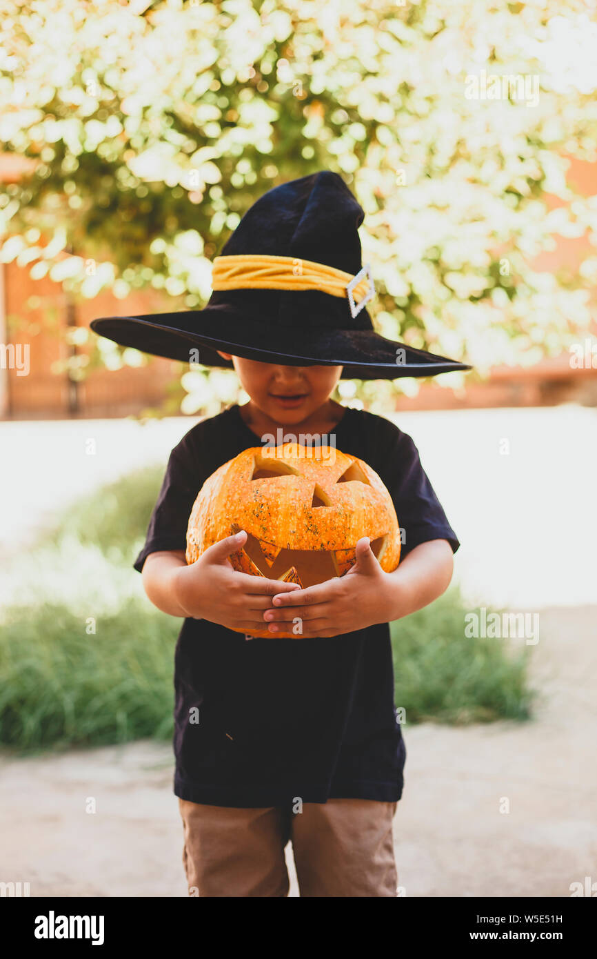 Halloween 2019. Little boy Holding geschnitzten Halloween Kürbis - Jack O'Lanterns im Außenbereich. Familie Vorbereitungen für Halloween Urlaub. Stockfoto