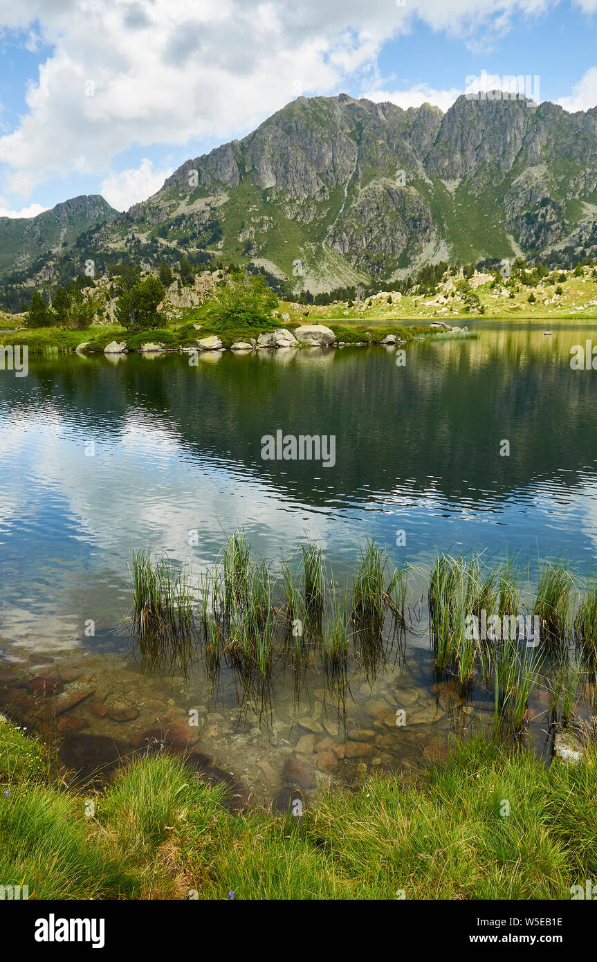 Estanh Plan See und Serra de Sendrosa Berge bei Aigüestortes i Estany de Sant Maurici Nationalpark (Aran Tal, Lleida, Pyrenäen, Katalonien, Spanien) Stockfoto