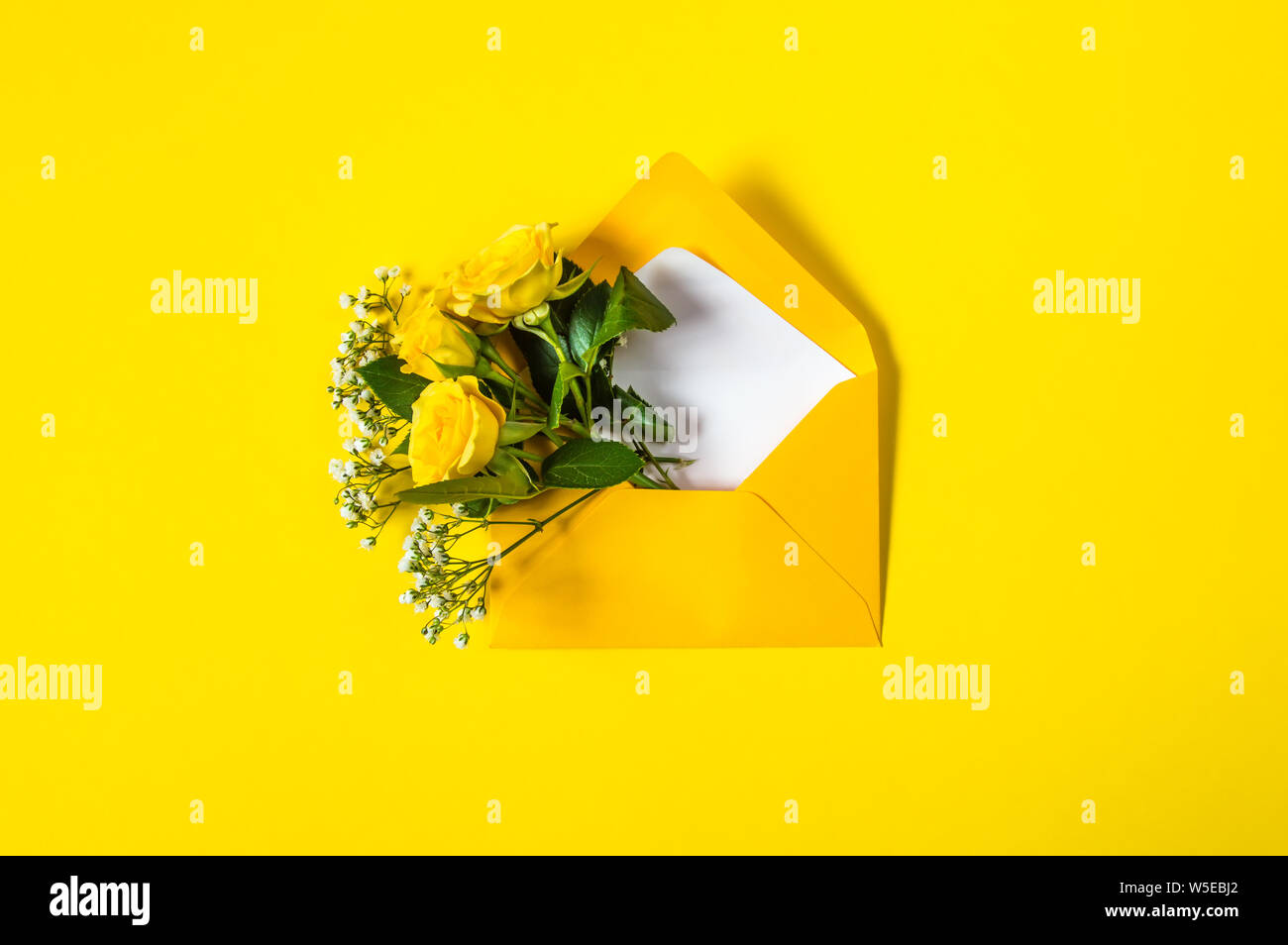 Gelbe Rosen und weißen Gypsophila im Umschlag close-up auf leuchtend gelben Hintergrund. Ansicht von oben, flach. Vorlage für die Grußkarte. Festliche Blumen zurück Stockfoto