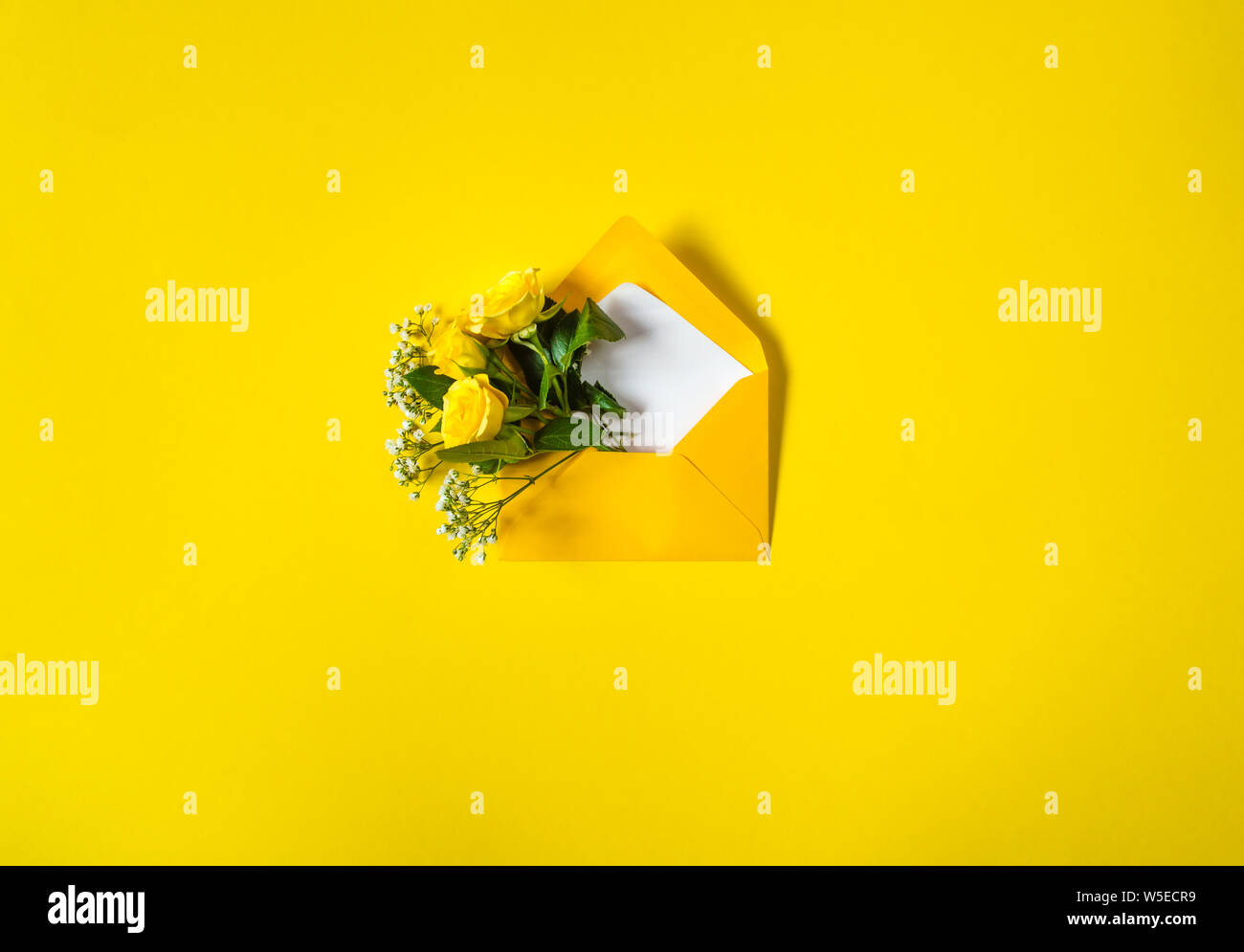 Umschlag mit gelben Rosen und kleinen weissen Blüten Gypsophila auf gelbem Hintergrund geöffnet. Ansicht von oben, flach. Konzept der senden Grüße, Liebe, frien Stockfoto