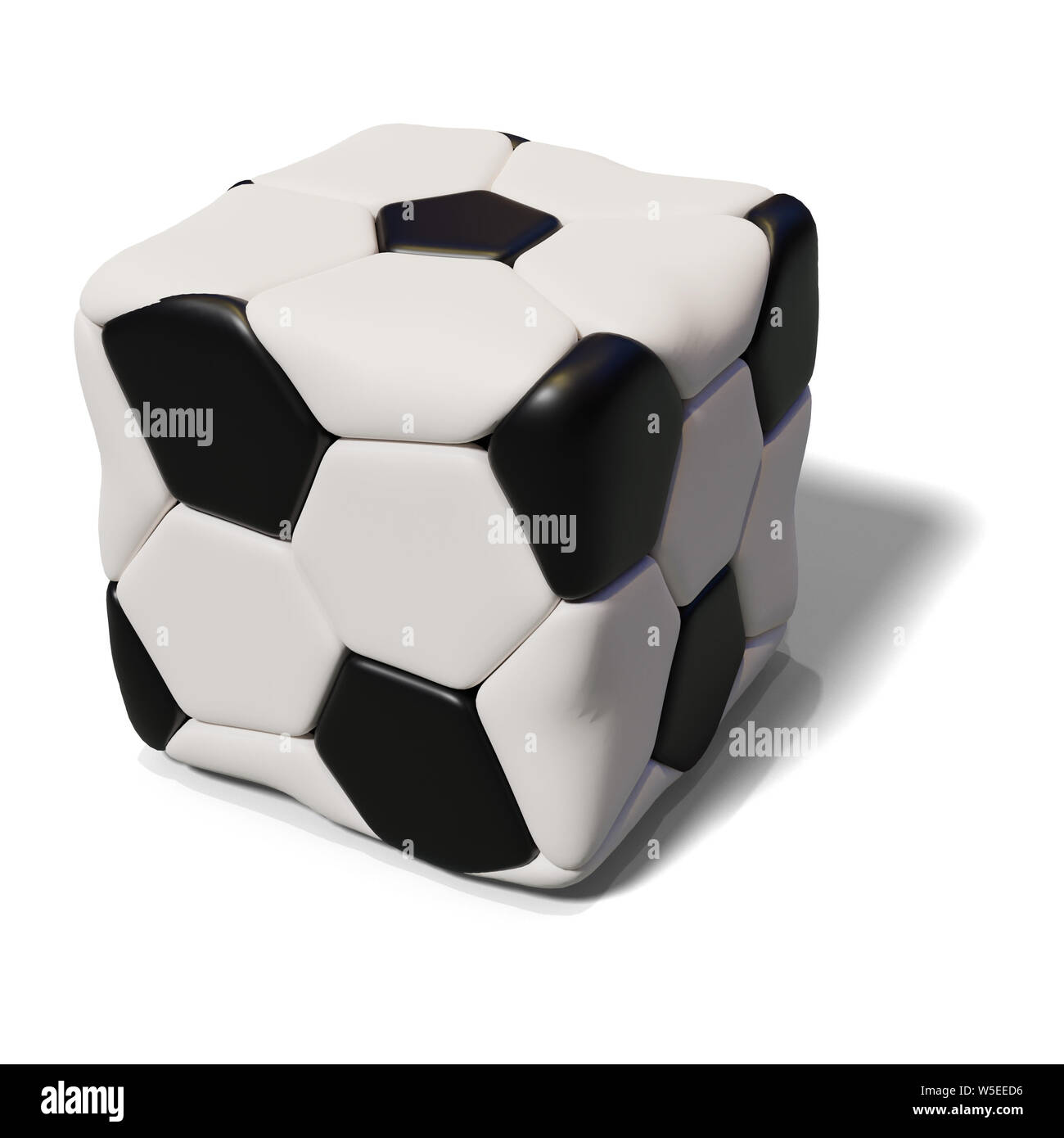 Lustig Fußball cube auf weißem Hintergrund. Unmöglich, Fußball-Spiel. 3D-Darstellung. Stockfoto
