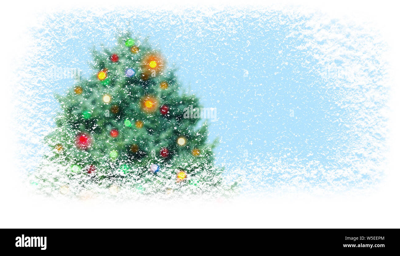 Christamas Baum mit bunten Lichtern mit Schneefall auf der Horizontalen banner Hintergrund abgedeckt. Geschenkkarte. Stockfoto