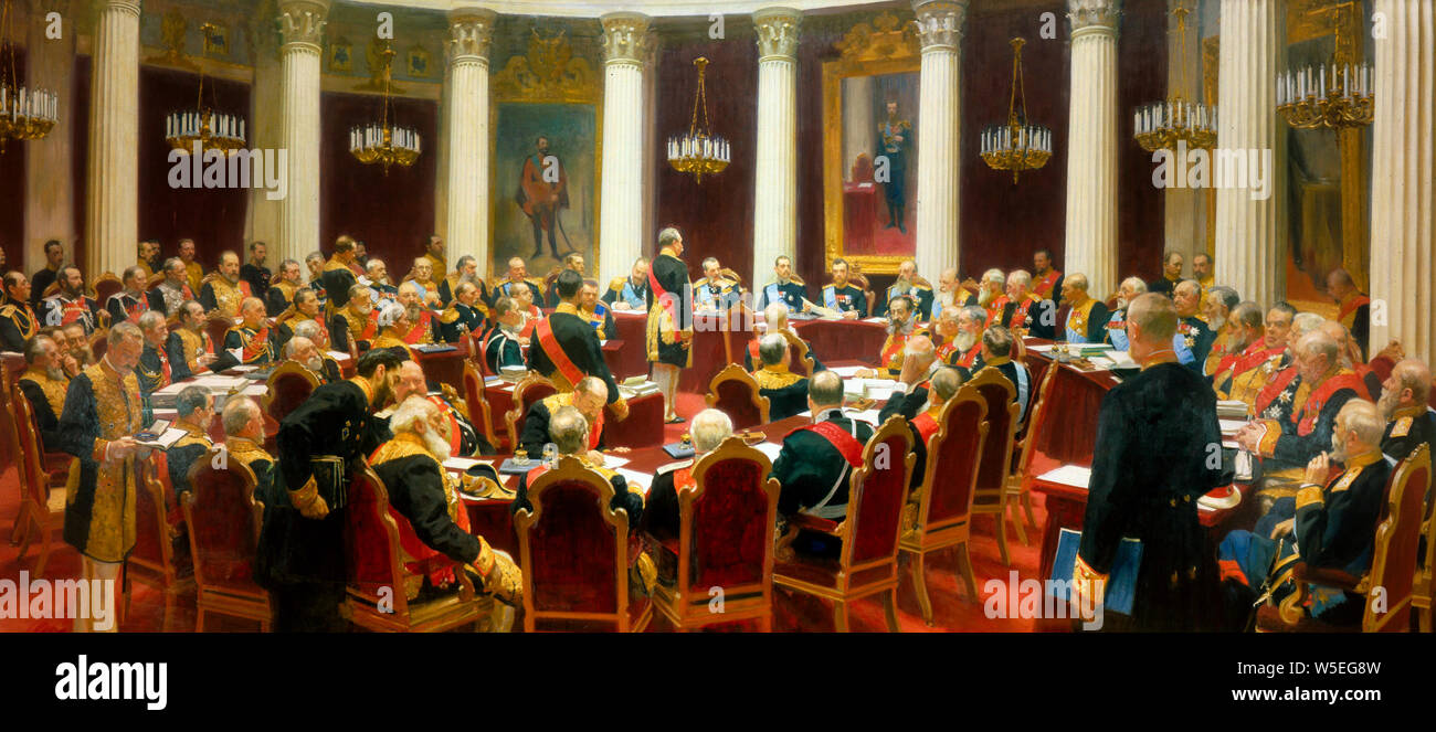 Feierliche Sitzung des Staatsrates am 7. Mai 1901 den 100. Jahrestag der Stiftung - Ilja Repin, 1903 Kennzeichnung Stockfoto