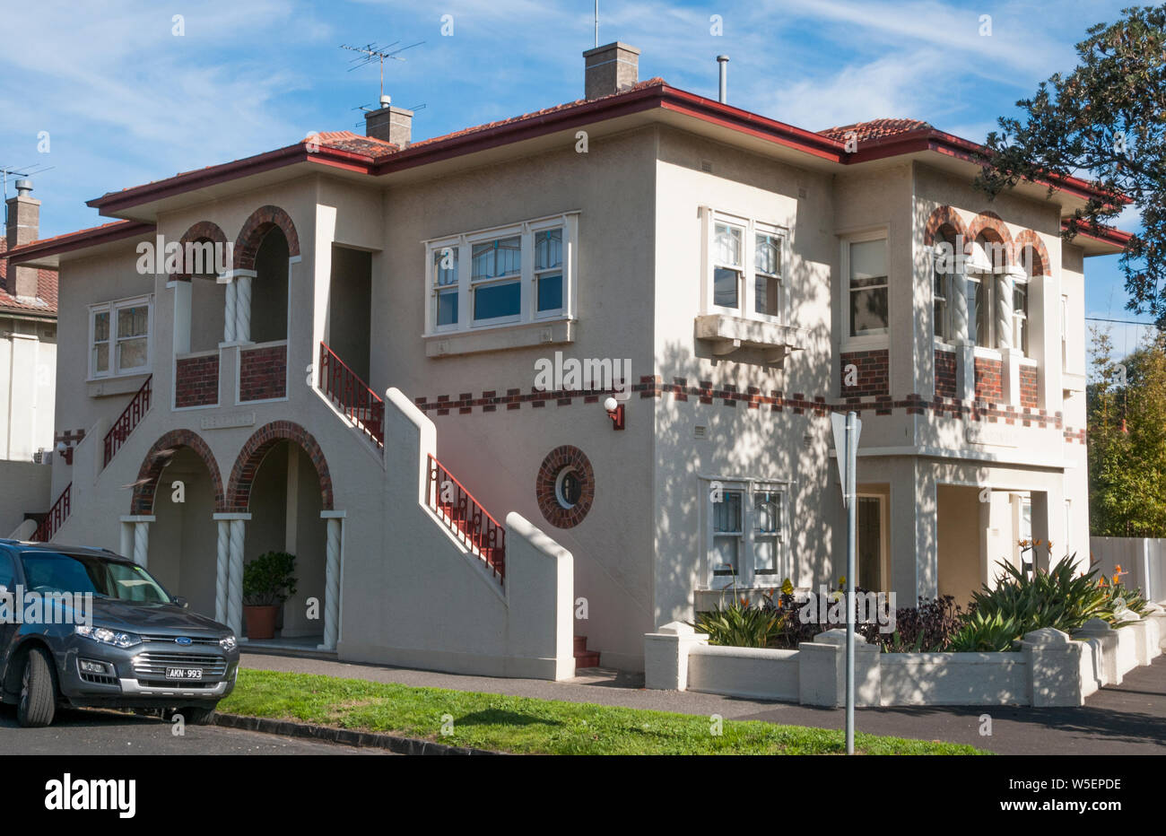 Spanische Mission Apartment Block, Elwood, Melbourne Stockfoto