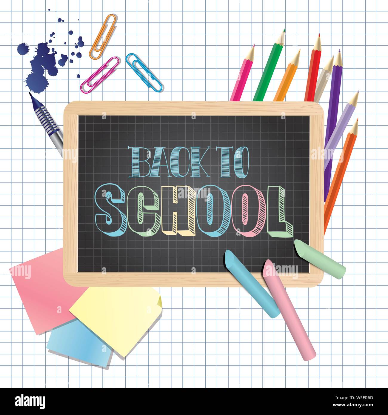 Zurück zu Schiefer Schule und Bleistifte Vector Illustration Stock Vektor