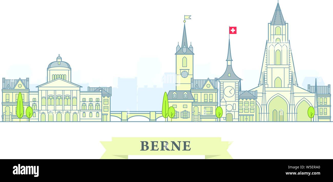 Bern, Schweiz - Altstadt, city panorama mit Wahrzeichen von Bern Stock Vektor