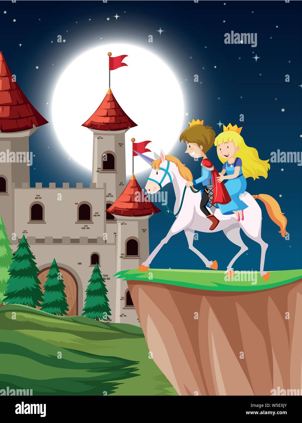 Prinz und Prinzessin reiten Fantasy unicorn bei Nacht mit Mond Abbildung Stock Vektor
