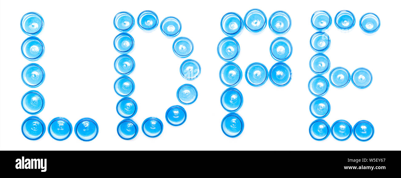 Zeichen Bezeichnung Kunststoff blau Gläser auf einem weißen Hintergrund das Wort LDPE, Polyethylen niedriger Dichte, Isolieren, Polyethylen Stockfoto