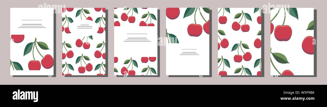 Satz von positiven Sommer Card Templates mit roten Kirschen. Verwenden Sie für Einladungen, Grußkarten, romantisches Design, festliche Ankündigungen, Poster, Menü Stock Vektor