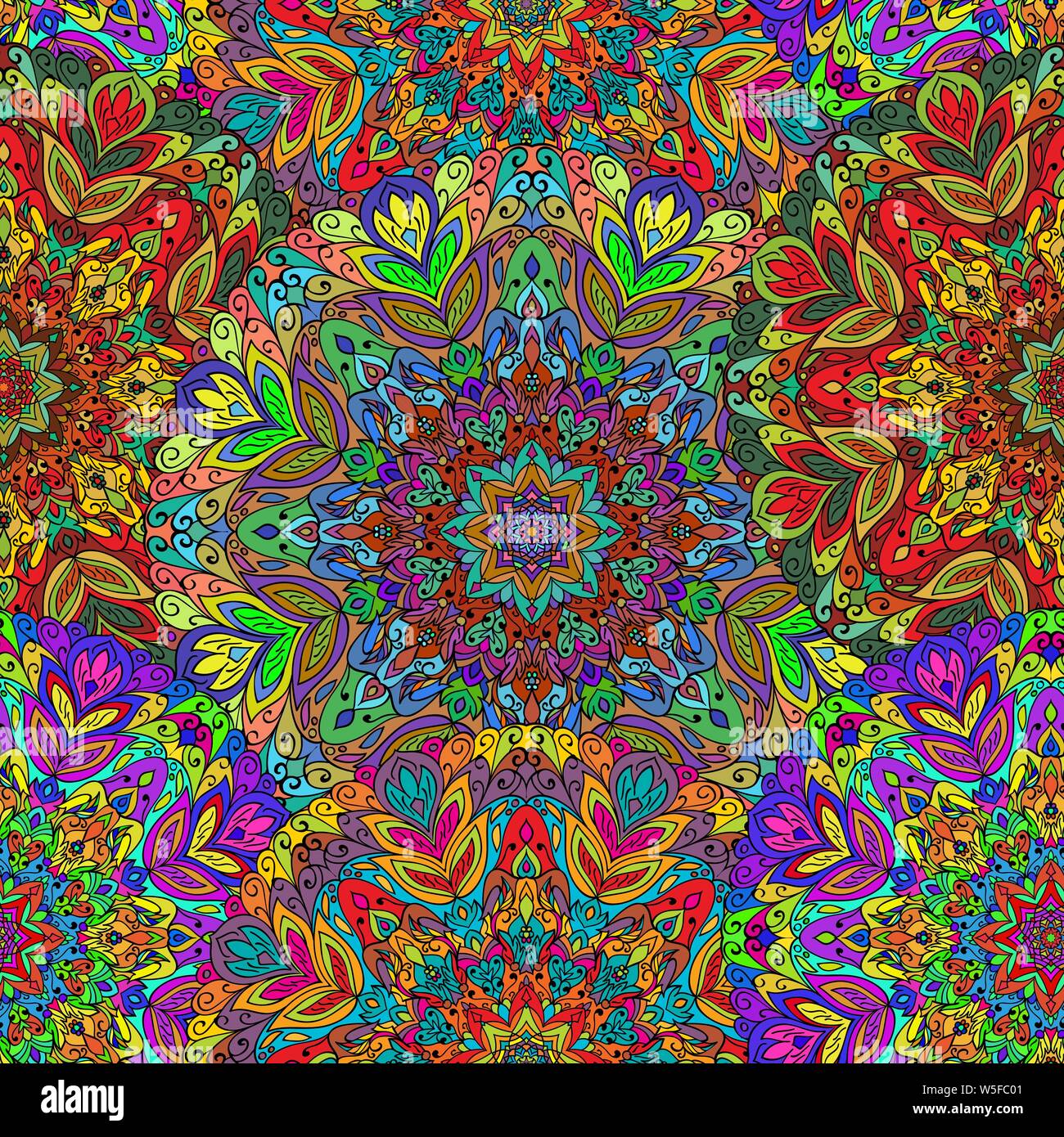 Nahtlose Muster mit farbigen Mandala. Vector Illustration. Helle Farben. Stock Vektor Nahtlose Muster mit farbigen Mandala. Vector Illustration. Helle Farben. Stock Vektor