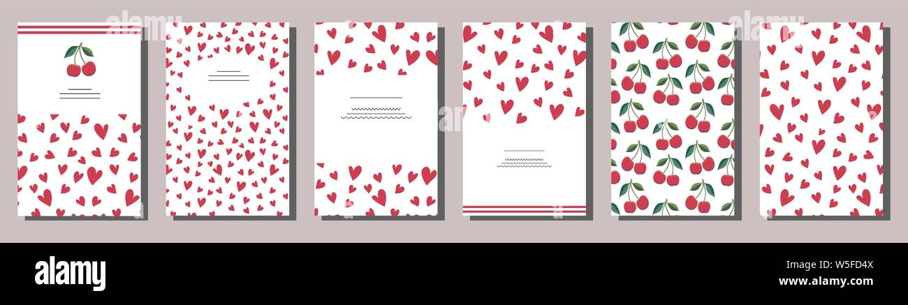 Satz von positiven romantische Karte Vorlagen mit roten Herzen und Kirschen. Verwenden Sie für Einladungen, Grußkarten, Hochzeit Karten, Ankündigungen, Poster Stock Vektor