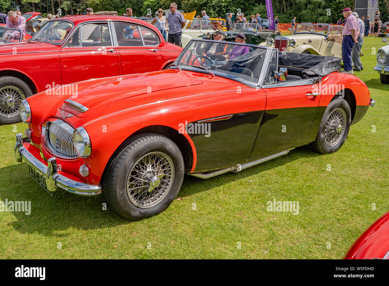 Seitenansicht eines Vintage Austin Healy 3000 MK 3 offene Sportwagen auf Anzeige an das jährliche Oldtimertreffen, Norfolk, Großbritannien Stockfoto