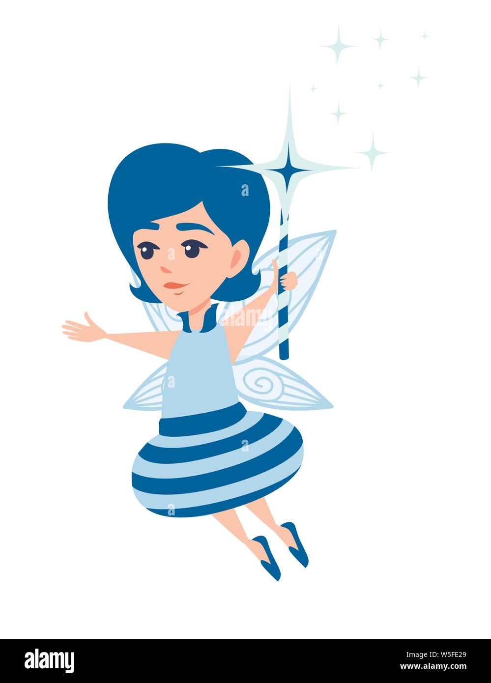 Flying butterfly Fairy mit Dreieck stern Zauberstab und trägt blaue Kleidung Cartoon Character Design flachbild Vector Illustration. Stock Vektor