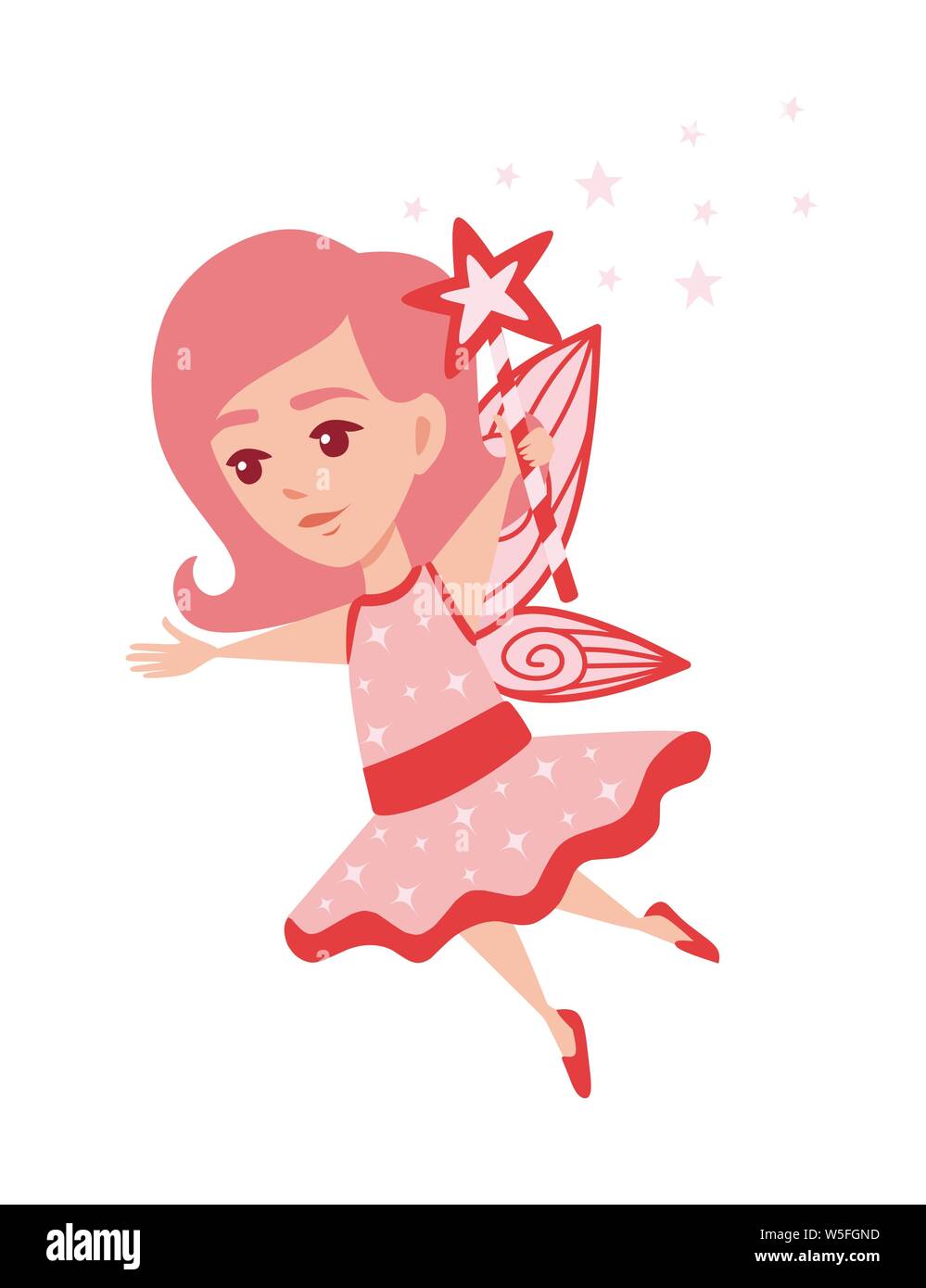 Flying butterfly Fairy mit Stern Zauberstab und tragen rosa Kleidung Cartoon Character Design flachbild Vector Illustration. Stock Vektor
