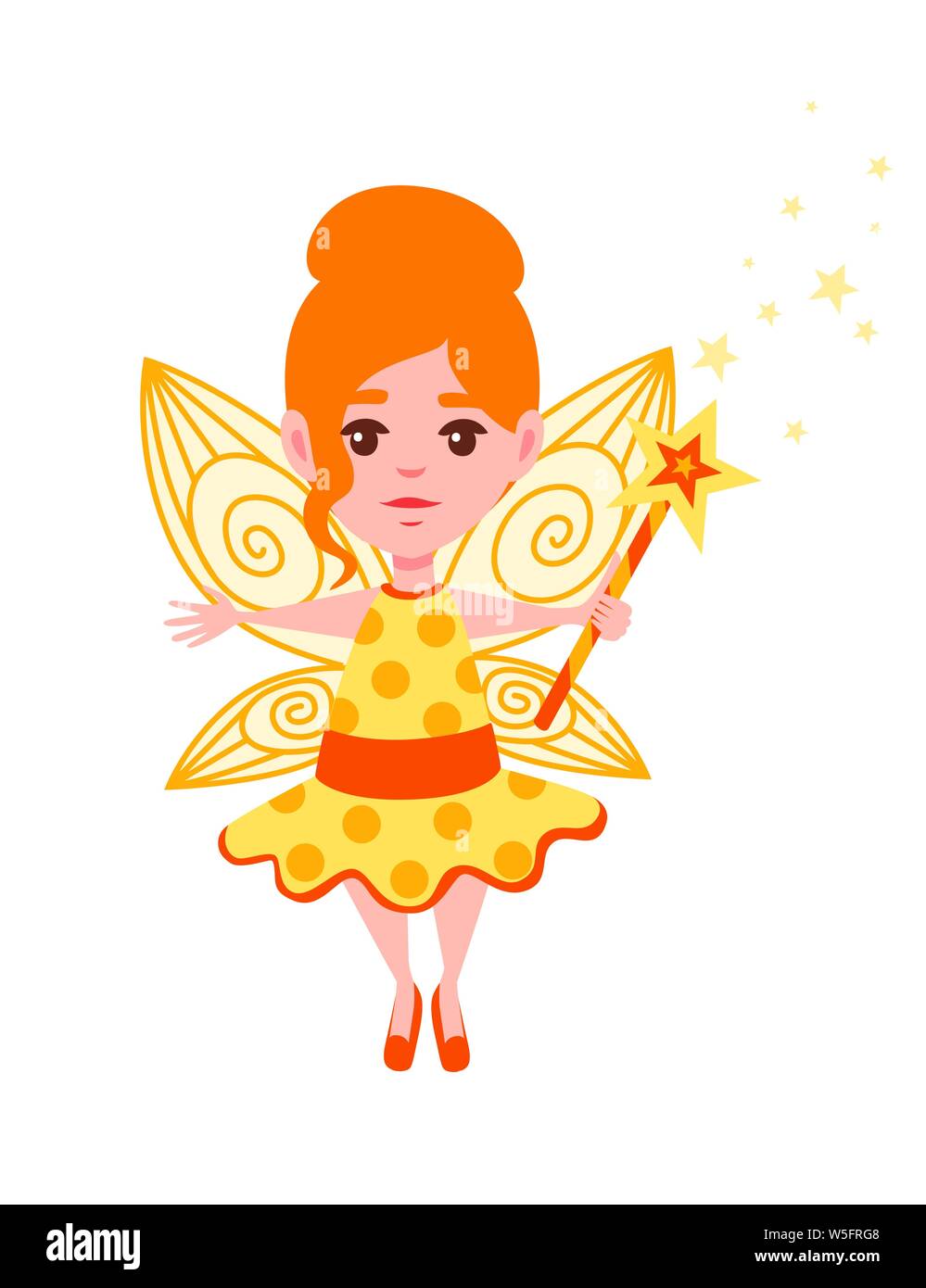 Flying butterfly Fairy mit Stern Zauberstab und tragen gelbe Kleidung Cartoon Character Design flachbild Vector Illustration. Stock Vektor