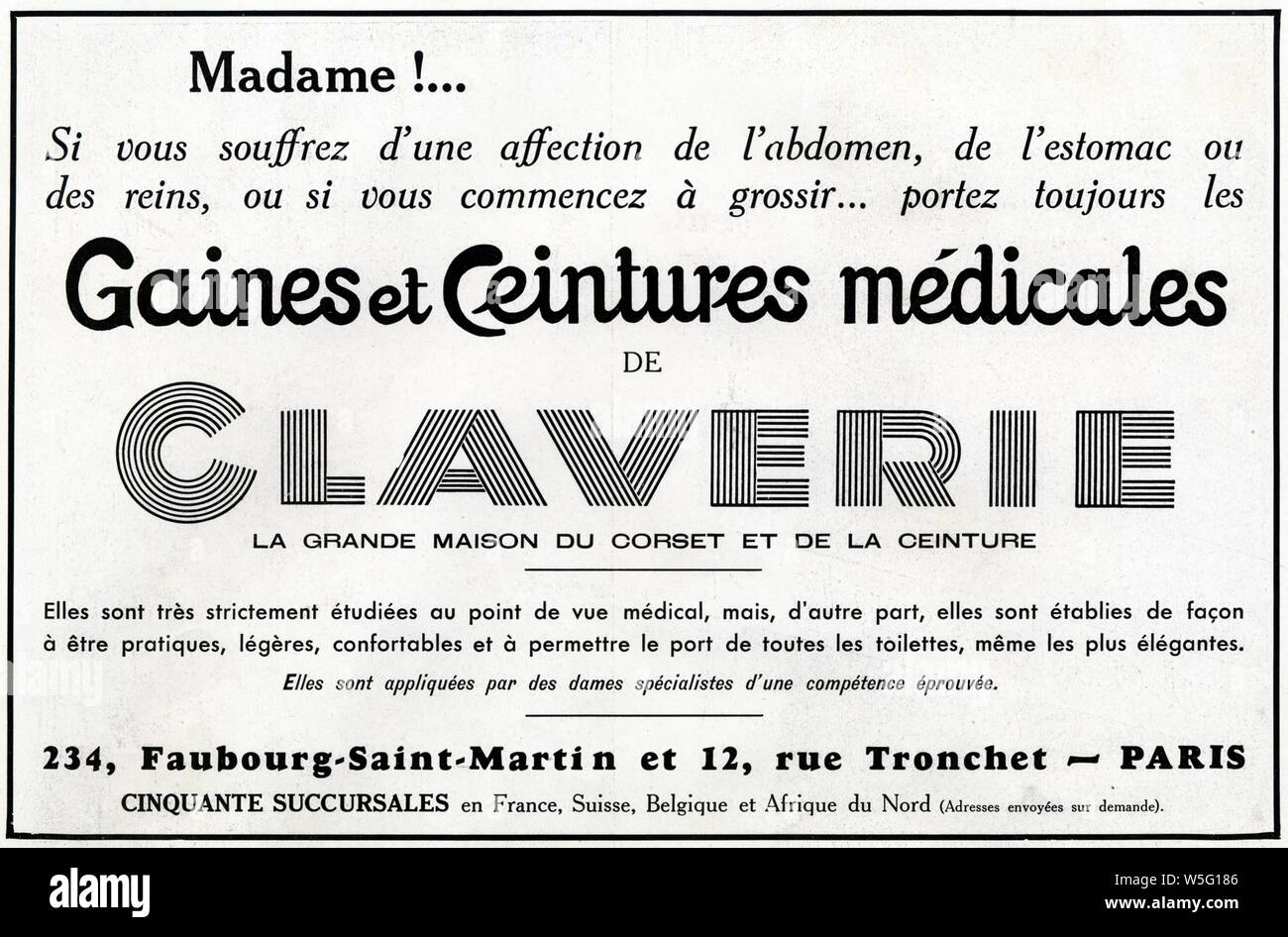 Publicité ancienne. 1937. Gaines et ceintures médicales de Claverie Stockfoto