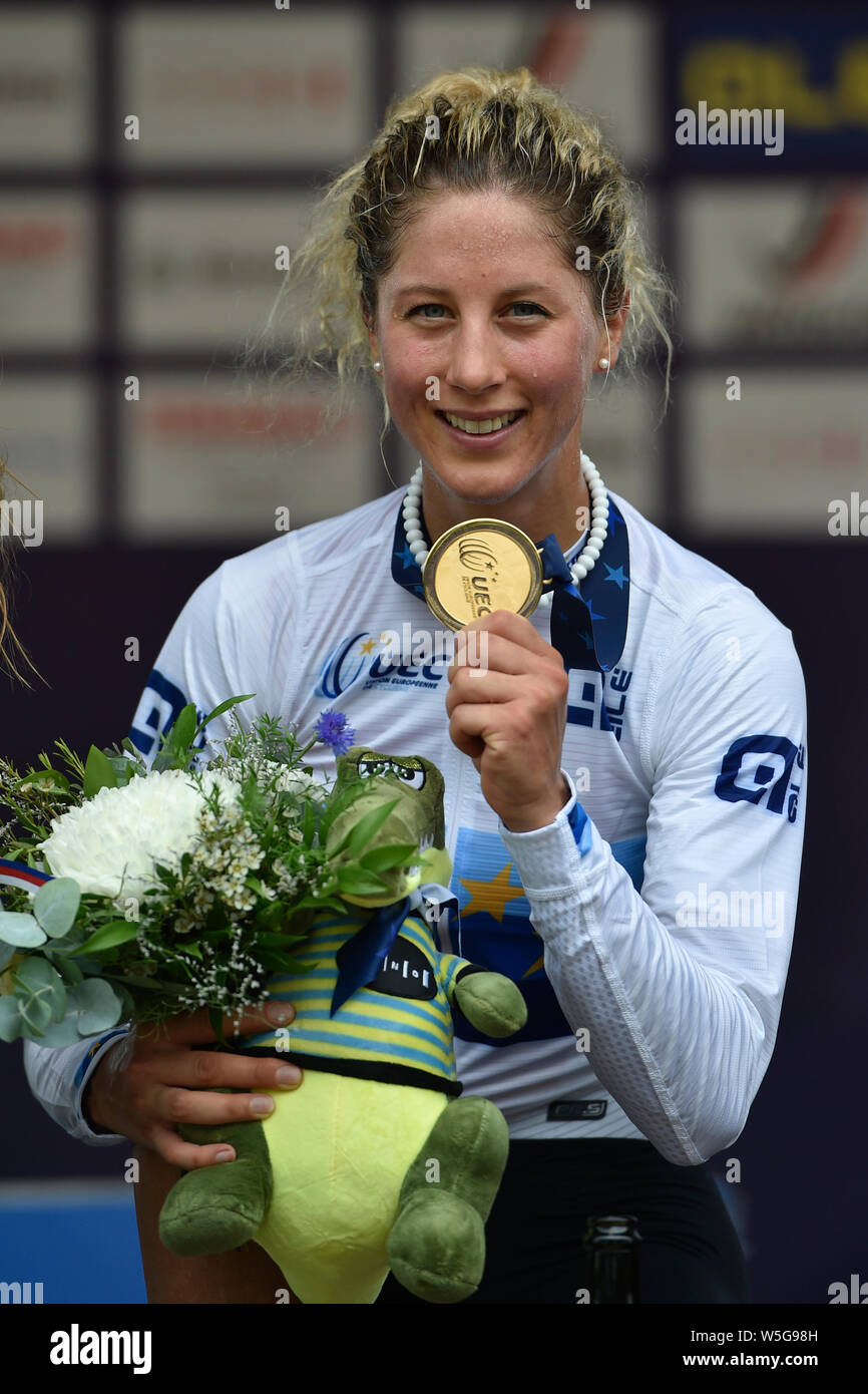 Brünn, Tschechien. 28. Juli 2019. Gold medallist Schweiz Jolanda Neff während der Frauen elite Cross Country Em-Rennen in Brünn, Tschechische Republik, Sonntag, 28. Juli 2019. (CTK/Vaclav Salek) Stockfoto