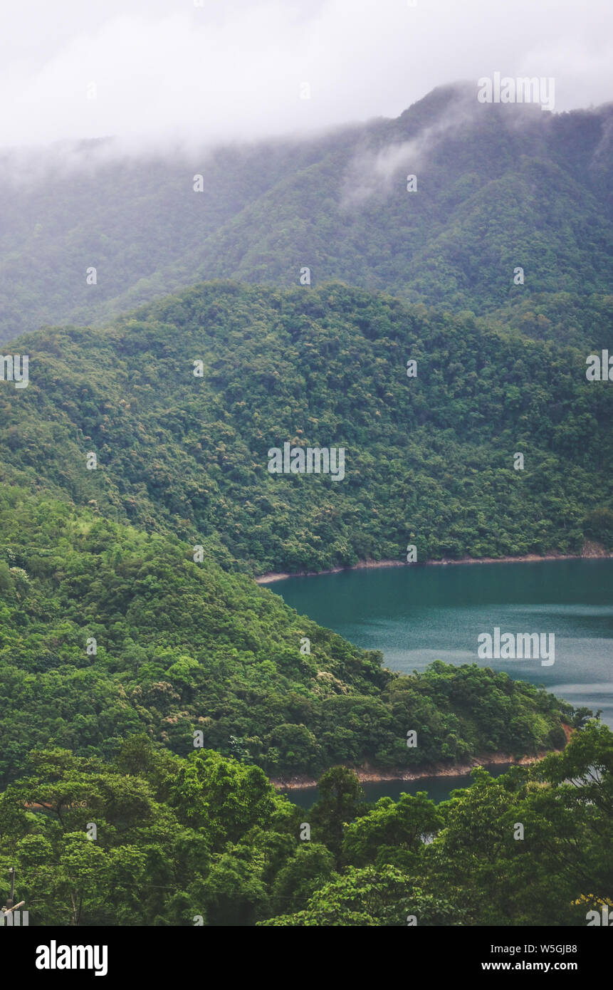 Neblige Landschaft von schönen Tausend Island Lake in Taiwan, China, Asien. See von tiefen tropischen Wald umgeben. Moody Wetter. Retro Vintage, hipster Style. Regenwald. Stockfoto