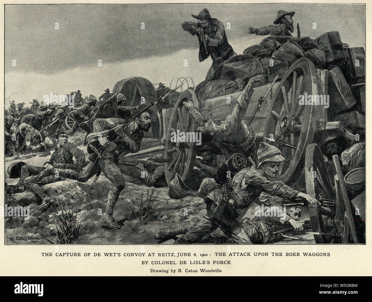 Zweiten Burenkrieg, Erfassung von De Wet's Konvoi an Reitz, 6. Juni 1901. Auf den Boer wagen Angriff bu Oberst De Lisle's Force, nach Caton Woodville Stockfoto