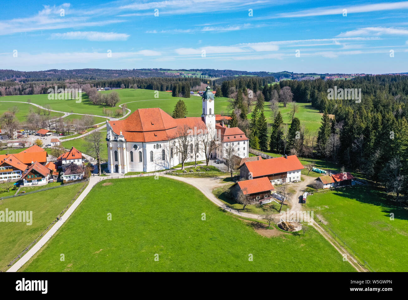 Antenne der Wieskirche, Weltkulturerbe der UNESCO, Bayern, Deutschland, Europa Stockfoto