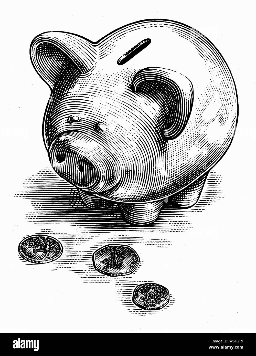 Schwarze und weiße scraperboard Gravur von Sparschwein auf Britische Münzen Stockfoto
