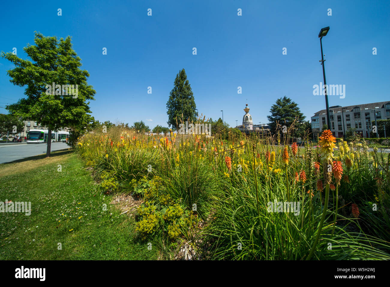 Tour Lu in Nantes an einem sonnigen Sommertag mit Grün und Orange gemeinsamen Fackel Lilly Blumen Stockfoto