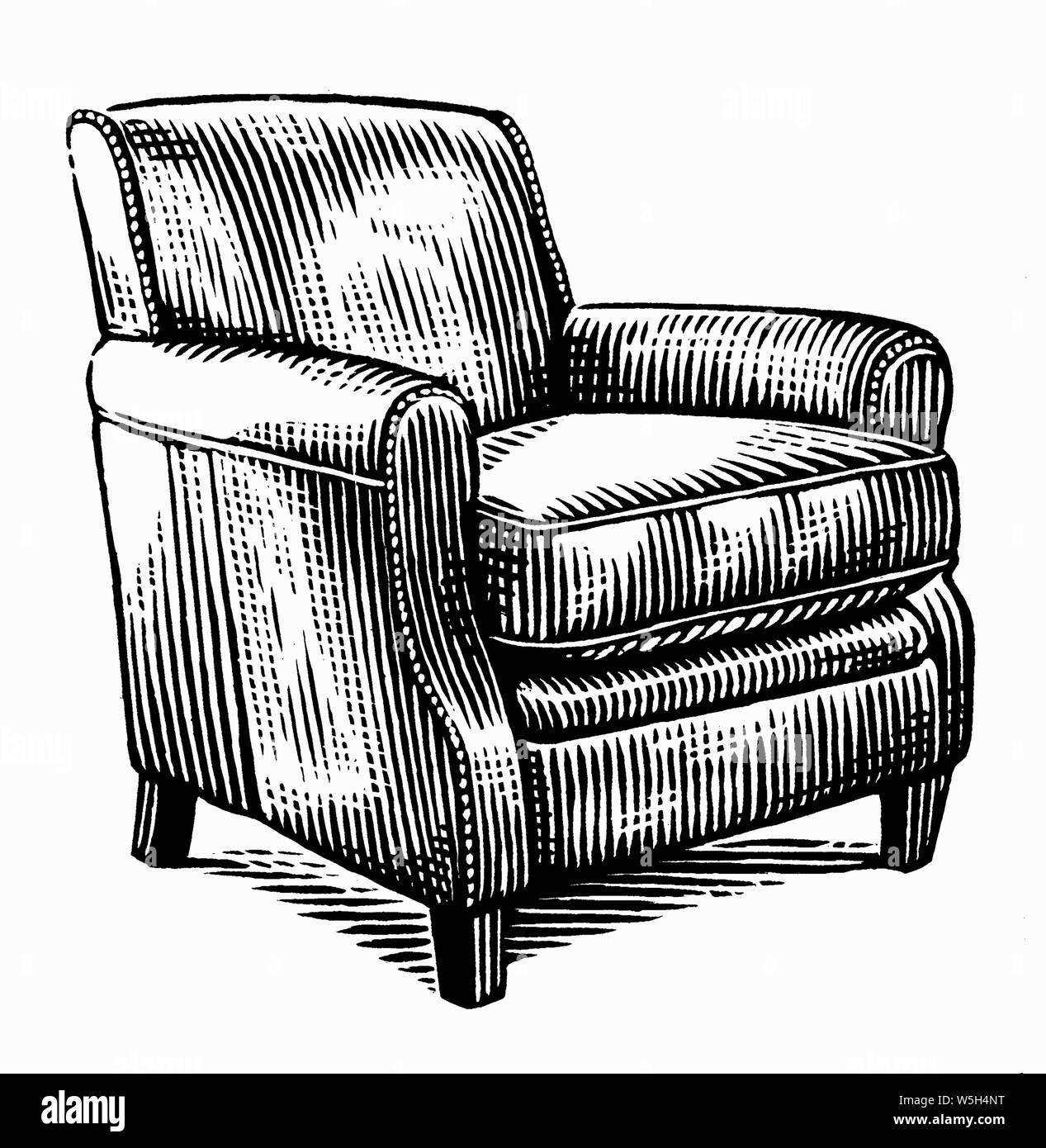Schwarze und weiße scraperboard Gravur von leeren Sessel Stockfoto