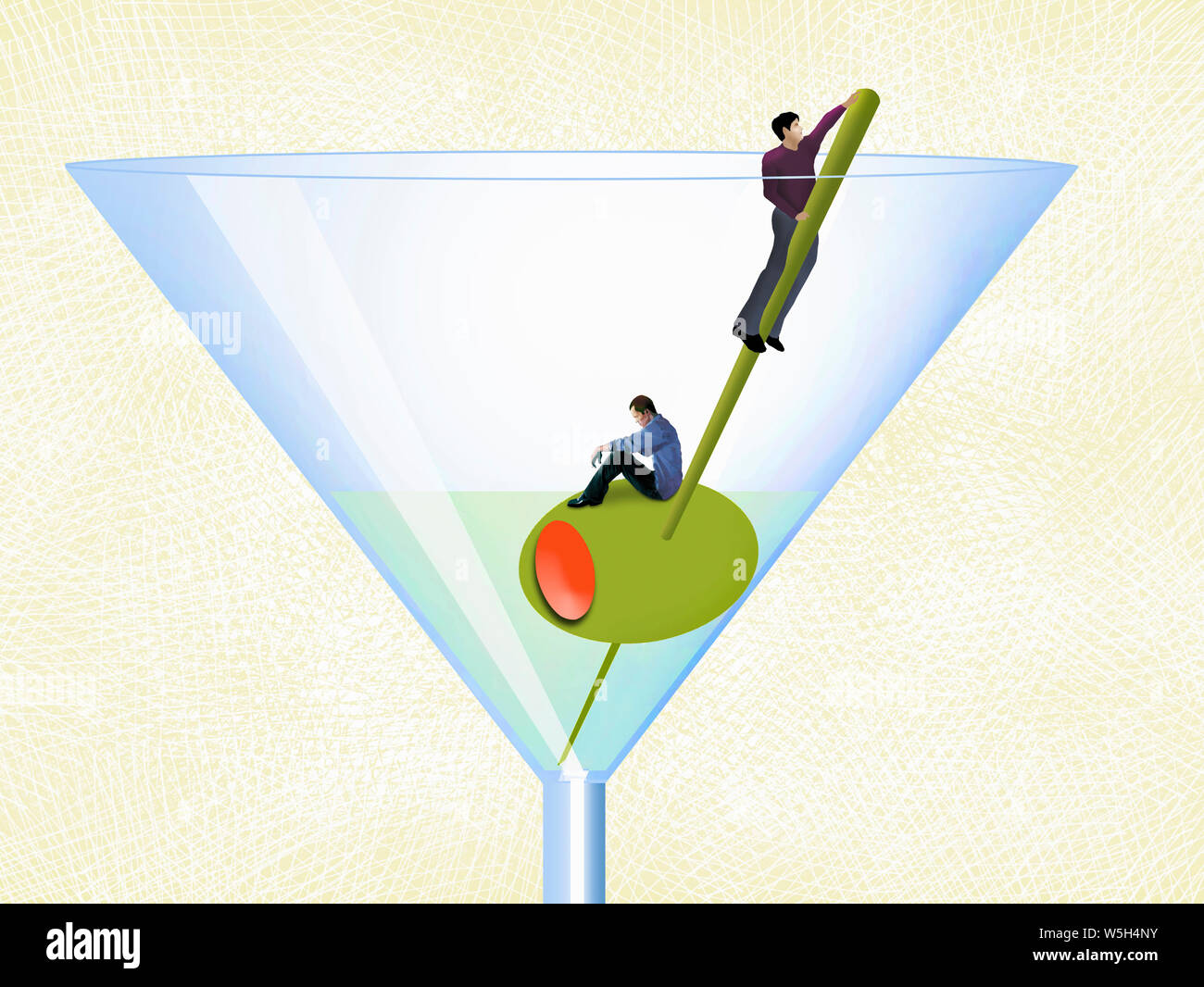 Gegensatz zwischen Mensch klettern aus alkoholische Getränk und Mann in Verzweiflung Stockfoto