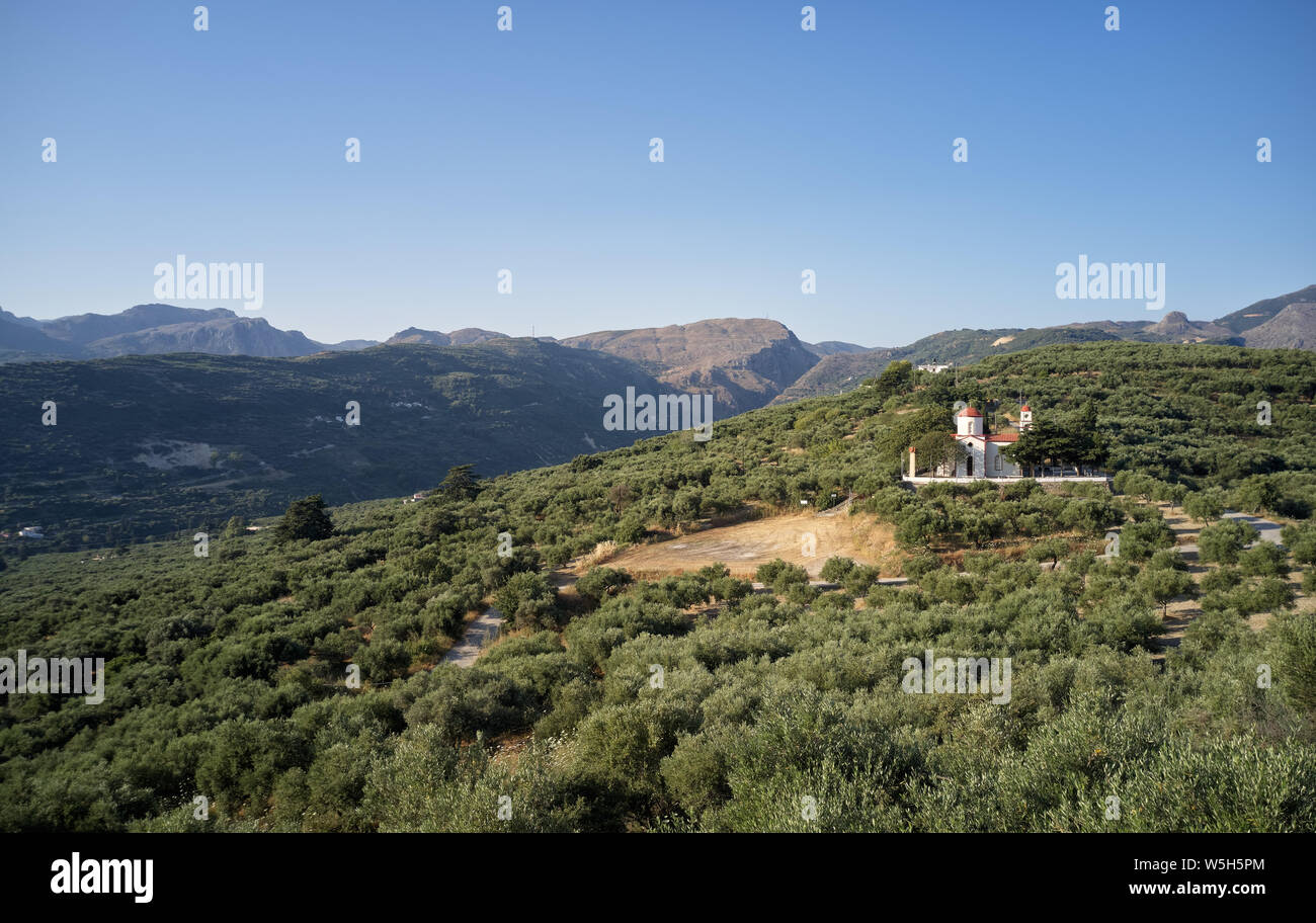 Griechische Landschaft Luftaufnahme von Drone. Christlich-orthodoxen Kirche in der Nähe Voulgaro Dorf. Kirche steht auf einem Hügel und ist umgeben von Olivenhainen. Stockfoto