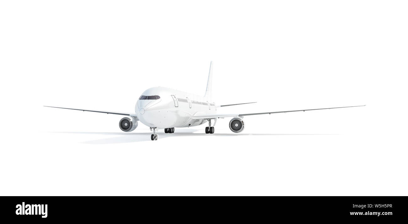 Leere weiße Boeing mockup stehen, die Hälfte der Vorderansicht, isoliert, 3D-Rendering. Leere Handwerk jet Mock up. Klar Flugzeug mit Chassis und Crew Kabine Vorlage Stockfoto
