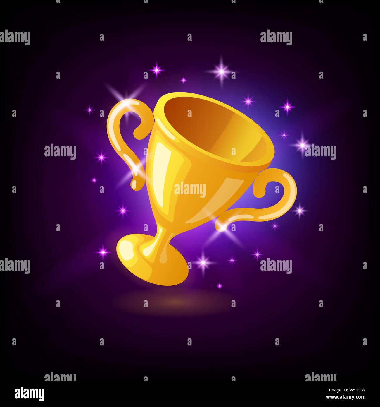 Gold Champion trophy Cup, Pokal mit funkelt, slot Ikone auf dunklem lila Hintergrund, casino Konzept, Vector Illustration. Stock Vektor