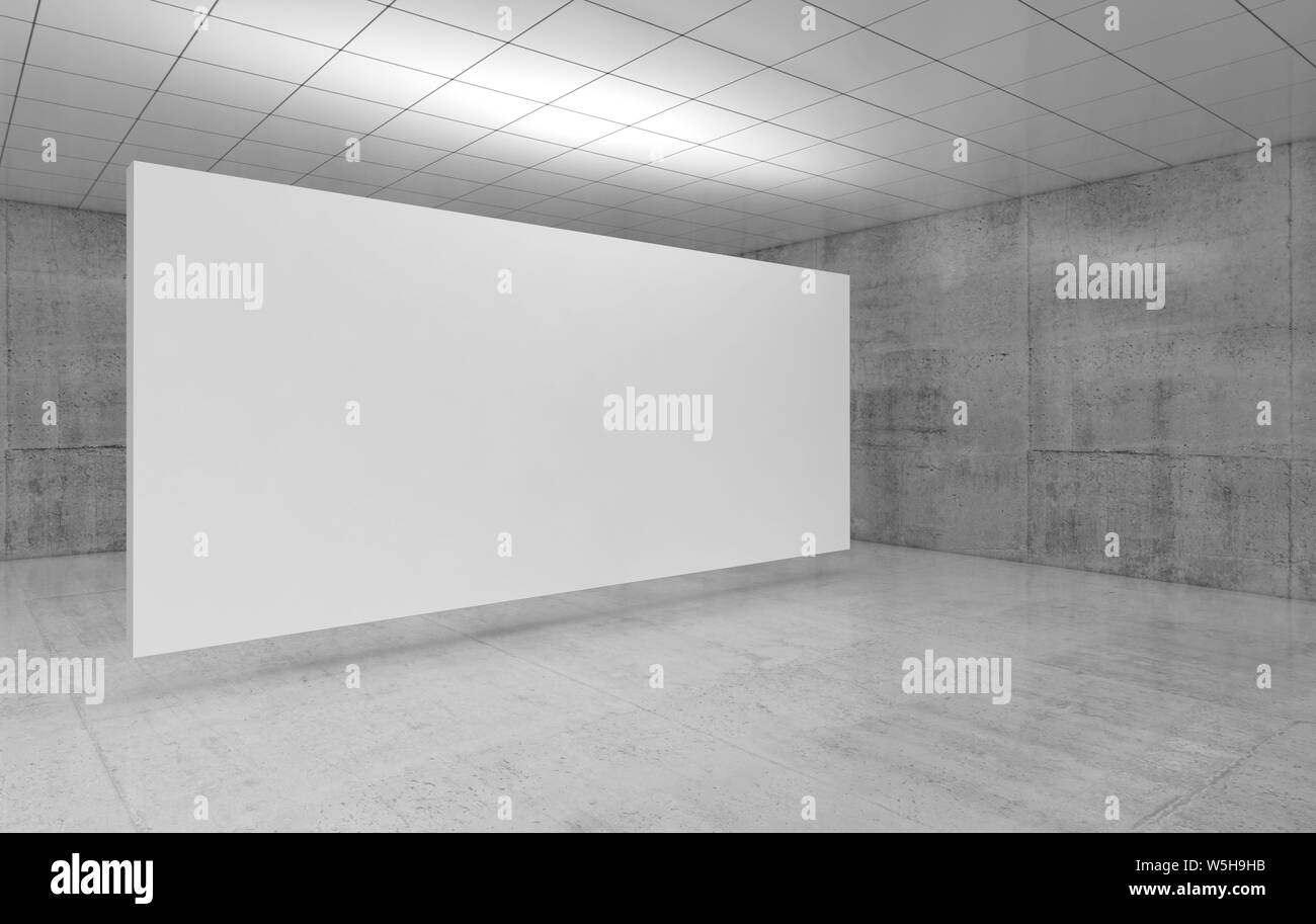 Abstrakte leer Einrichtung mit weißen Poster der Ausstellung Galerie mit Wänden aus poliertem Beton und glänzend Decke. Zeitgenössische Architektur. 3d Stockfoto