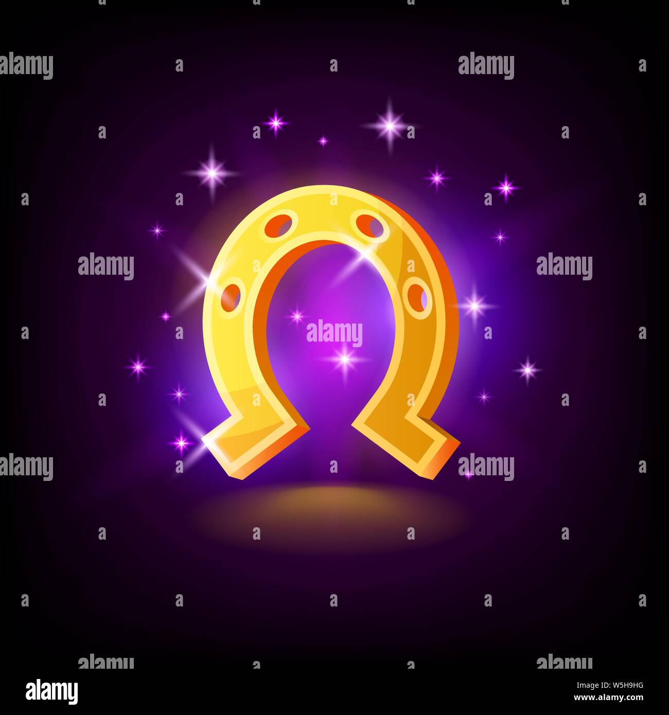 Gold Hufeisen mit Funkeln, Symbol für Glück, Reichtum, slot Ikone auf dunklem lila Hintergrund, casino Konzept, Vector Illustration. Stock Vektor