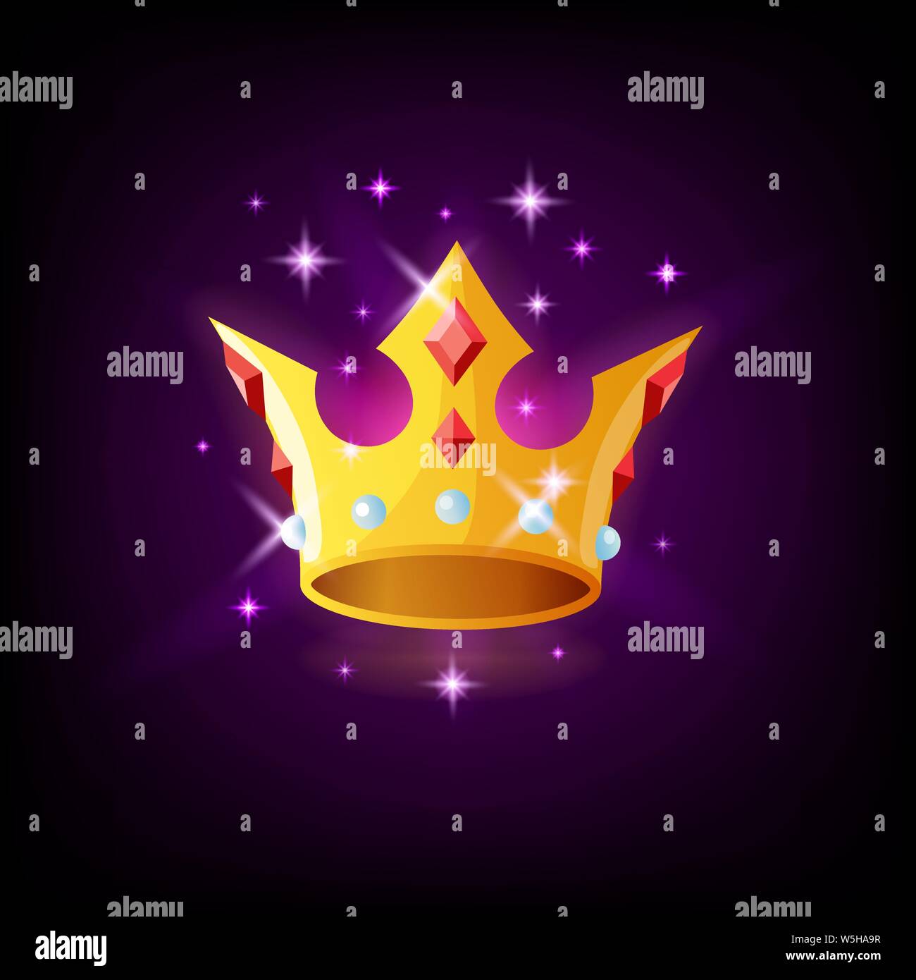 Goldene Krone mit Edelsteinen und funkelt, slot Ikone auf dunklem lila Hintergrund, casino Konzept, Vector Illustration. Stock Vektor