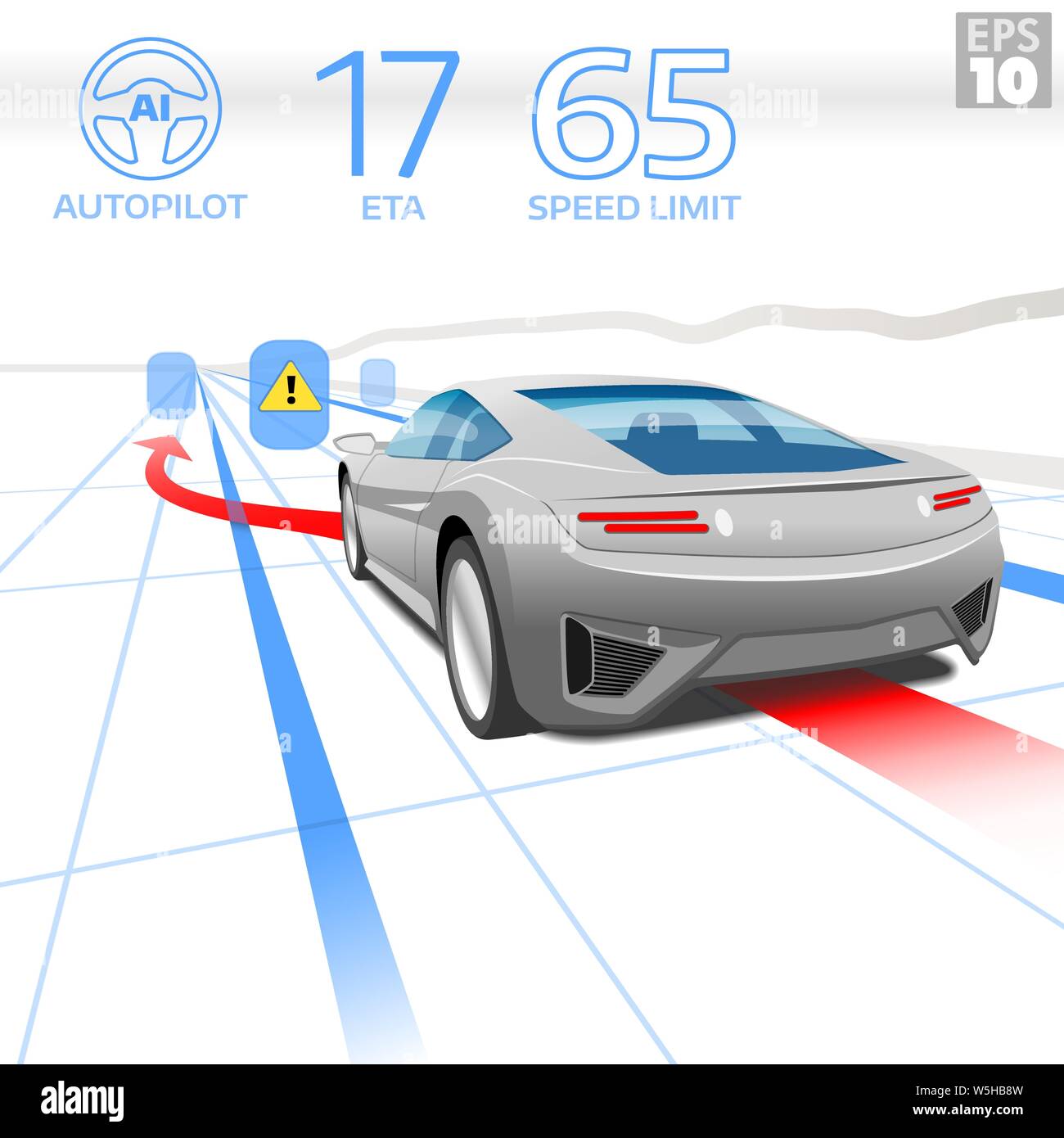 Elektrofahrzeug mit Autopilot AI fahren in einer simulierten Straßenverkehr Hindernisse. Stock Vektor