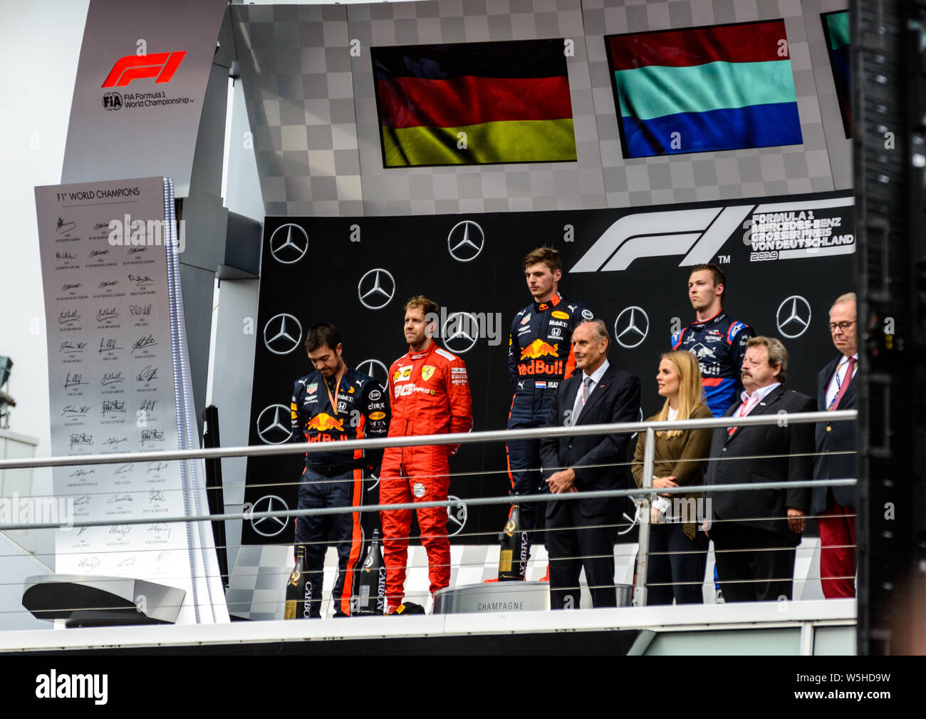 Formel 1 GP Deutschland in Hockenheim, 28. Juli 2019: Fahrer aufs Podium. Max Verstappen Sieger, Sebastian Vettel, Daniil Kvyat Stockfoto