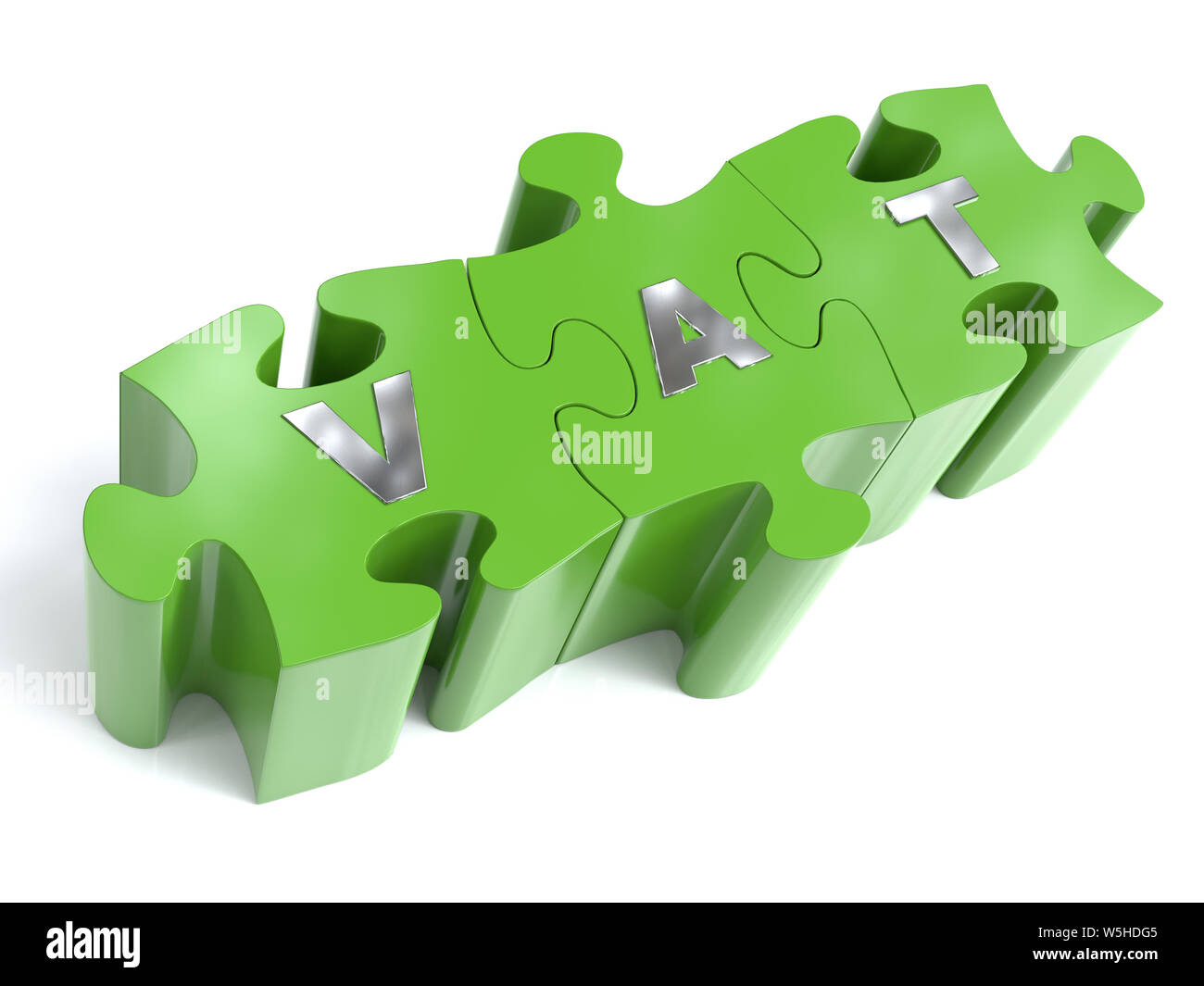 3D-Render von grün Puzzleteile mit Metall MWST. Wort auf Weiß Stockfoto