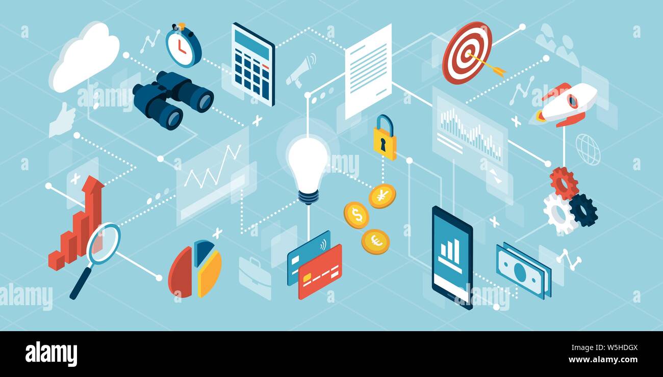 Business und Finance Management, Banken und Buchhaltung Netzwerk von Konzepten, isometrische Vektor Stock Vektor