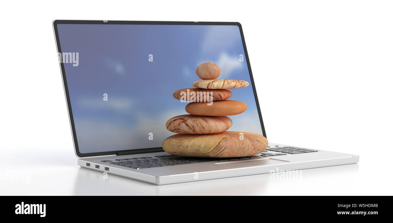 Zen Steine auf einem Computer Laptop auf weißem Hintergrund. Entspannen und im Büro Konzept stressfrei. 3D-Darstellung Stockfoto