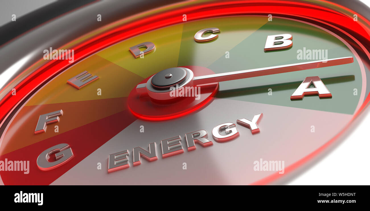 Energieeffizienz Klassifizierung. Energieeffiziente Leistung, Armaturenbrett Tachometer, aus der Nähe. 3D-Darstellung Stockfoto