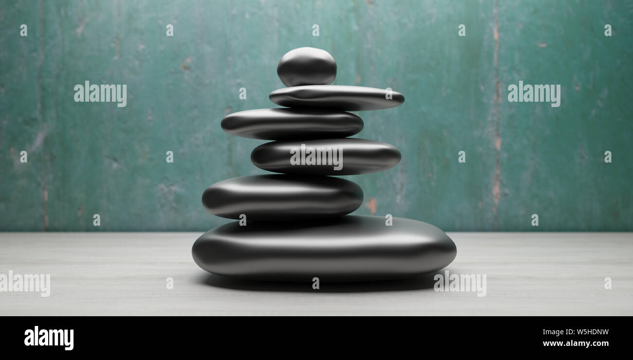 Zen Steine stapeln Farbe schwarz, innen grüne Wand und Boden Hintergrund. Wellness, Balance zu Hause Konzept. 3D-Darstellung Stockfoto