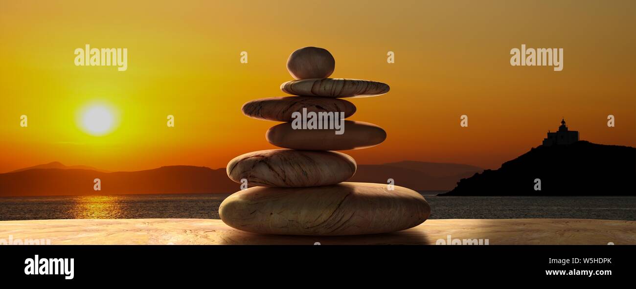 Zen Steine gegen orange Farben stack Sonnenuntergang in einer griechischen Insel Hintergrund. Harmonie, Balance Konzept, das Banner. 3D-Darstellung Stockfoto