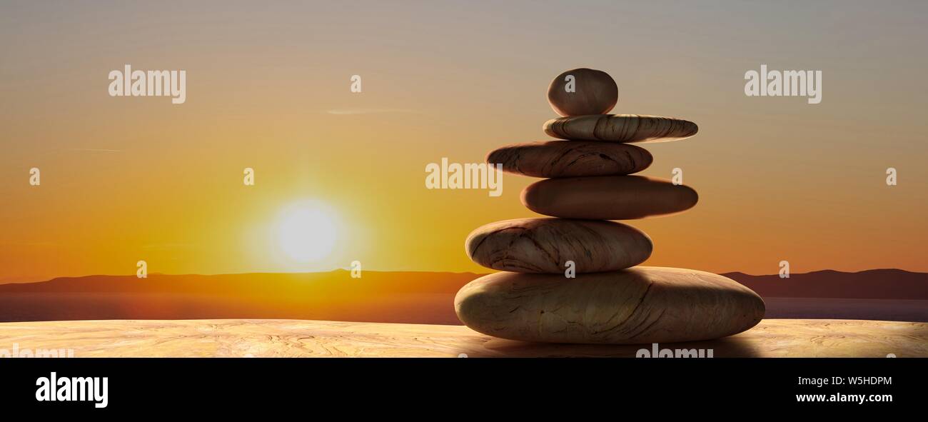 Zen Steine gegen Sonnenuntergang Natur Hintergrund stack. Harmonie, Balance Konzept, das Banner. 3D-Darstellung Stockfoto