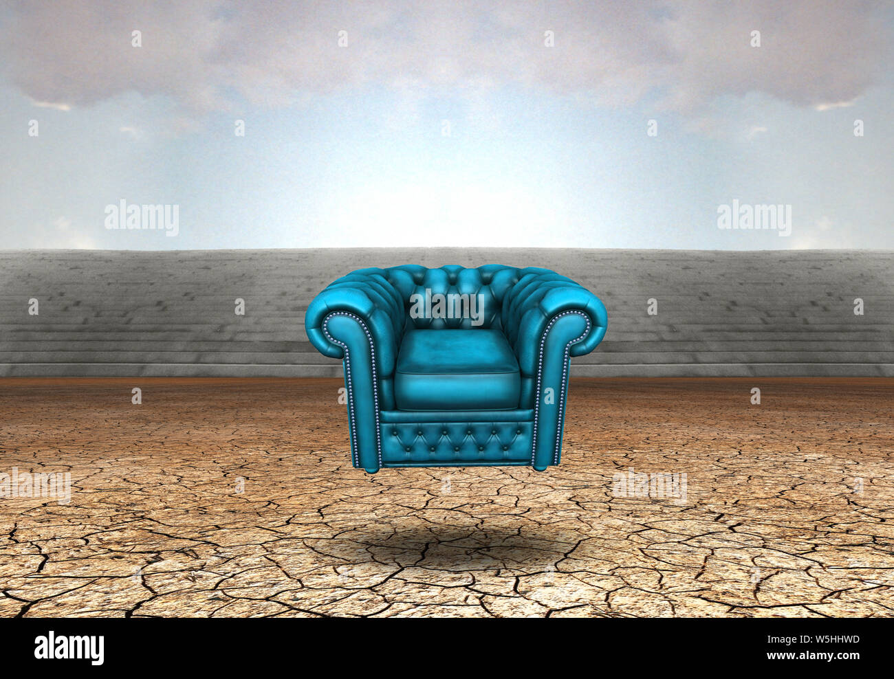 Surrealismus. Blaue Sessel in dürren Land Stockfoto
