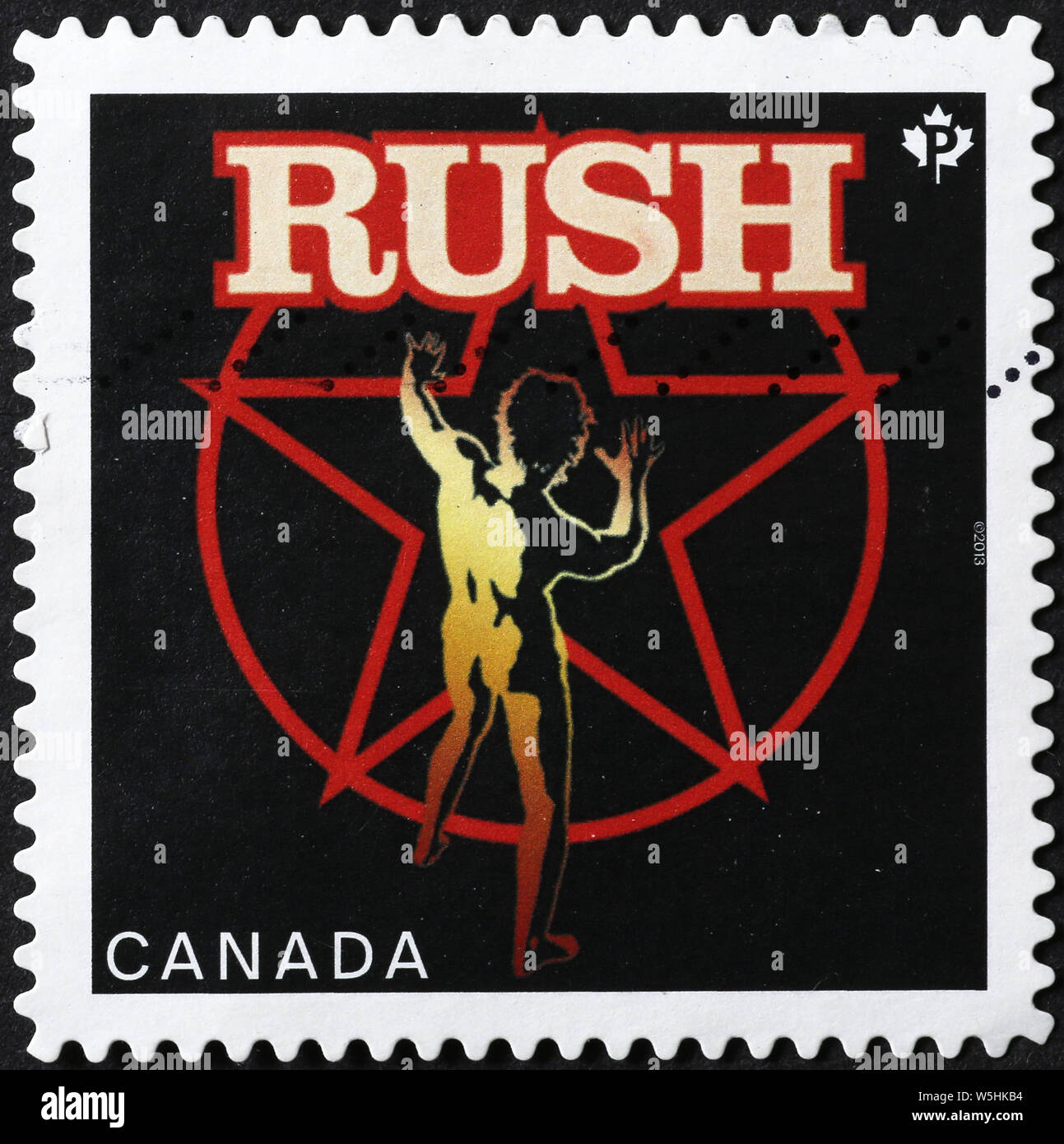 Logo der kanadischen Rockband Rush auf Briefmarke Stockfoto
